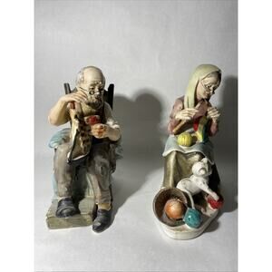 Vintage Norleans Japan Figurines Old Man Woman Sewing Crafting 7” Tall 2pc Set